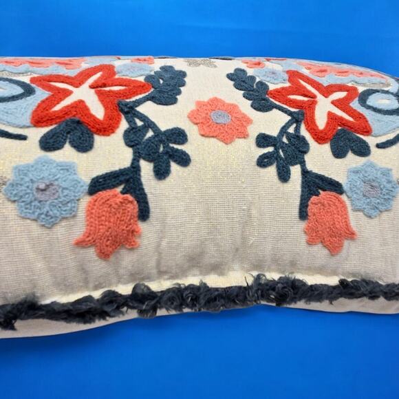 Set of 2 Embroidered Fringed Bold Floral Lumbar Throw Pillows Approx. 24x13x4" - Picture 8 of 16
